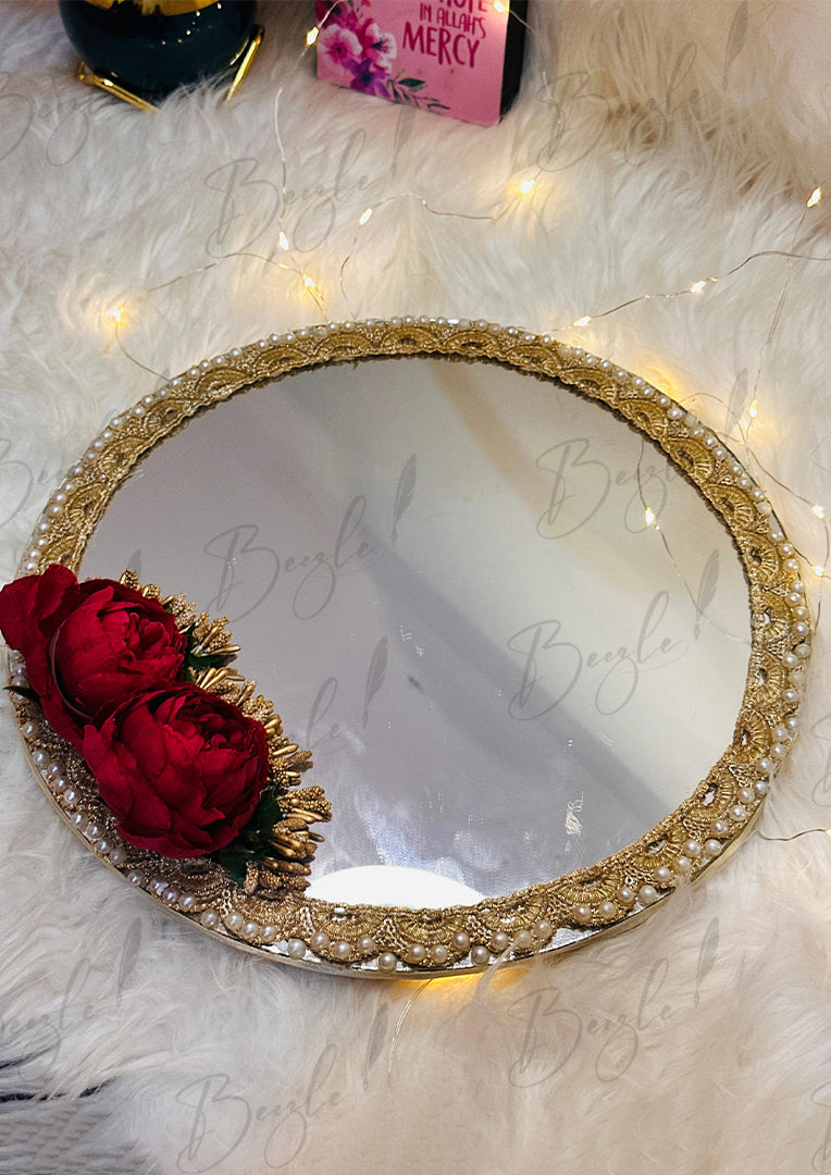 Beautiful Mirror Engagement Ring Tray with Red Roses & Golden Lace | ERT-009