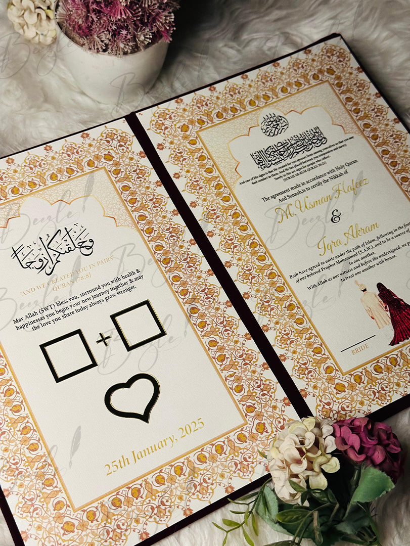 The Maroon Nikah Booklet With Customized Golden Name & Design | NB-042