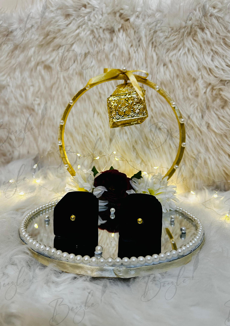 Stylish Engagement Tray With Two Black Ring Boxes, Flowers & Pearls | ERT-014