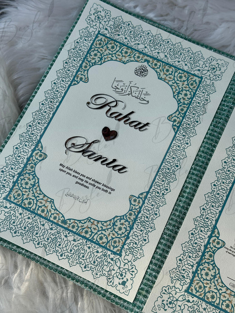 Eye Catchy Green Nikah Booklet Box with Personalized Couple Details | BOX-012