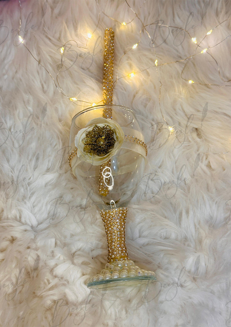 The Customized Doodh Pilai Glass Decorated With Golden Lace & Pearls | DPG-008