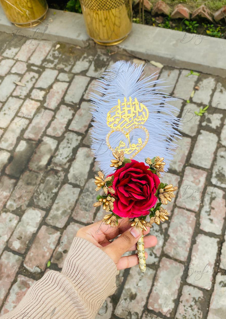 Qubool Hai Nikah Pen With Golden Lace, Red Rose with White Feather | PEN-14