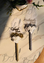 Load image into Gallery viewer, Two Customized Nikah Pen Decorated with White Flowers &amp; Feather | DEL-076
