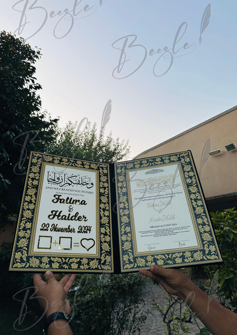 The Attractive Golden Design Black Nikkah Booklet with Customized Name | NB-029