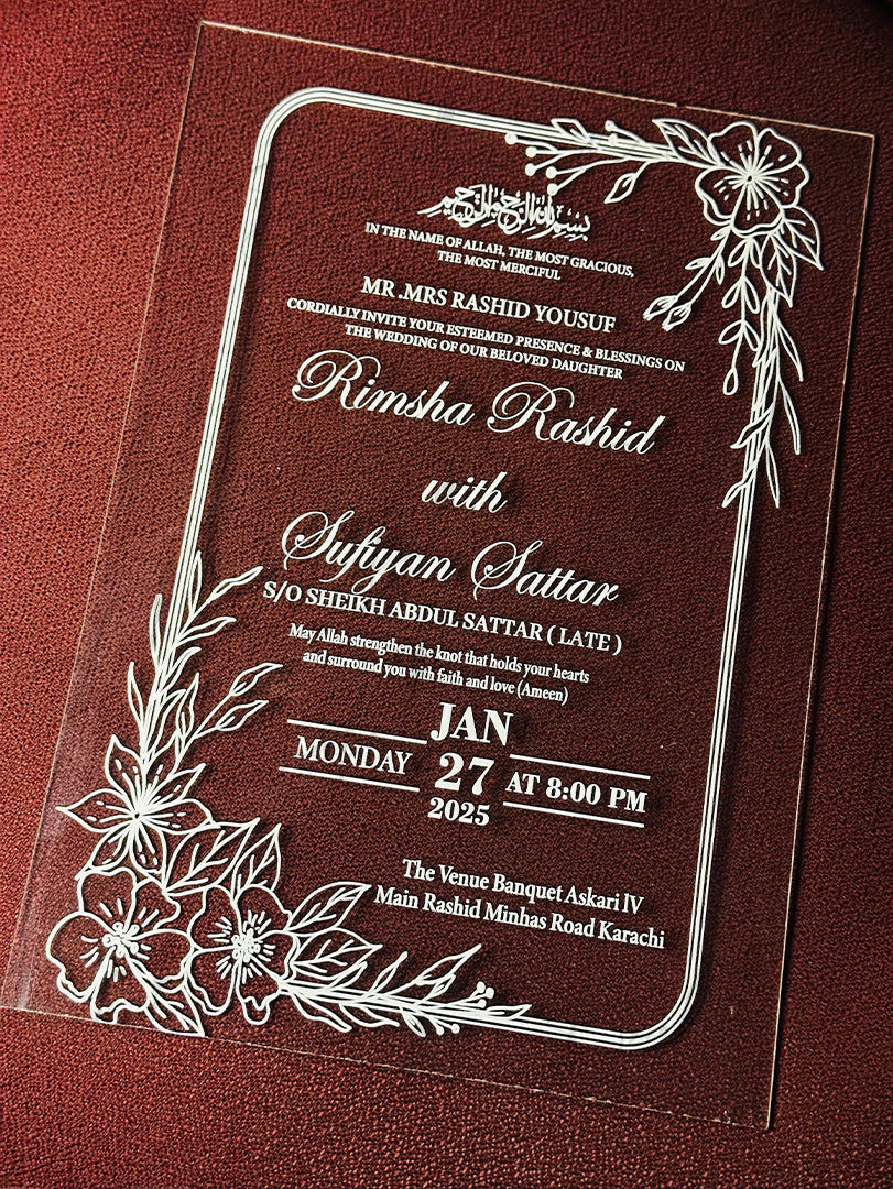 Customized Nikah Acrylic Invitation Card with White Printed Qurani Ayat | NAF-021