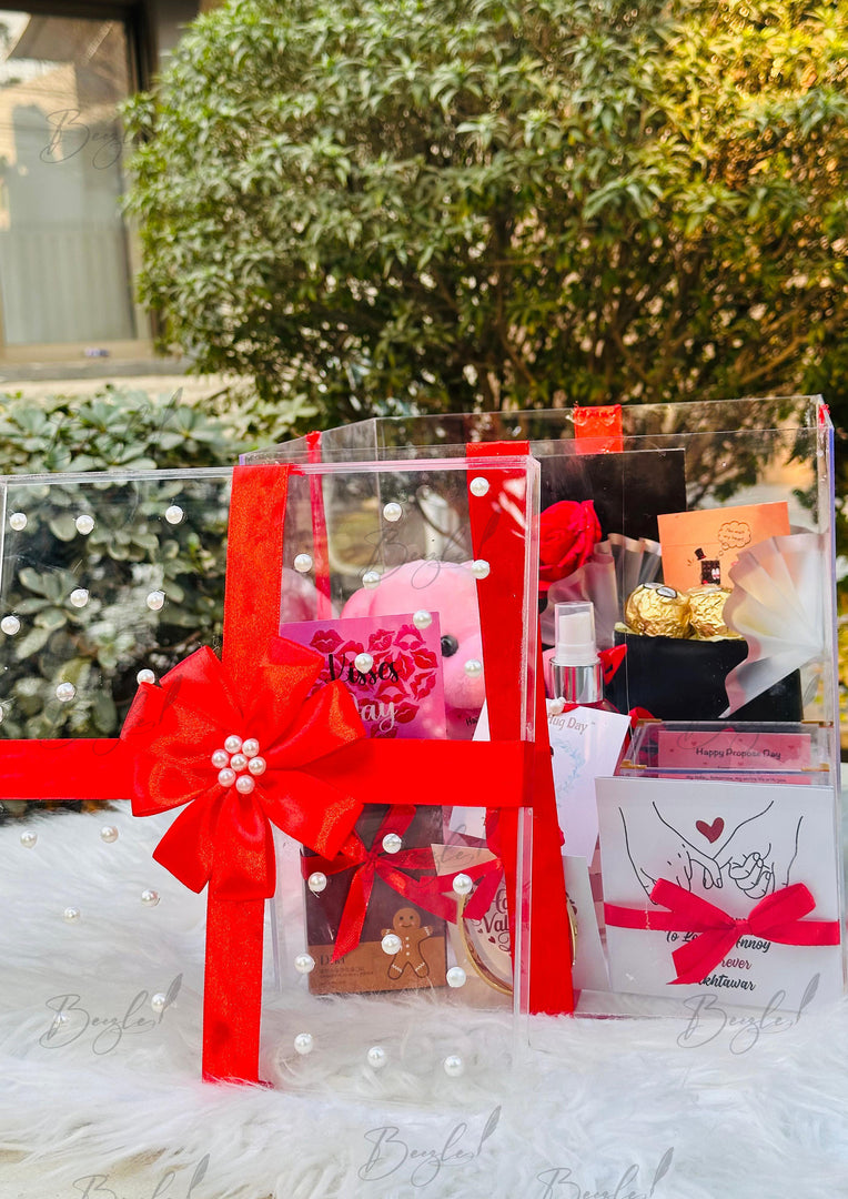 Luxury Acrylic Gift Box with a Red Ribbon & Pearl Elegance | GBO-030