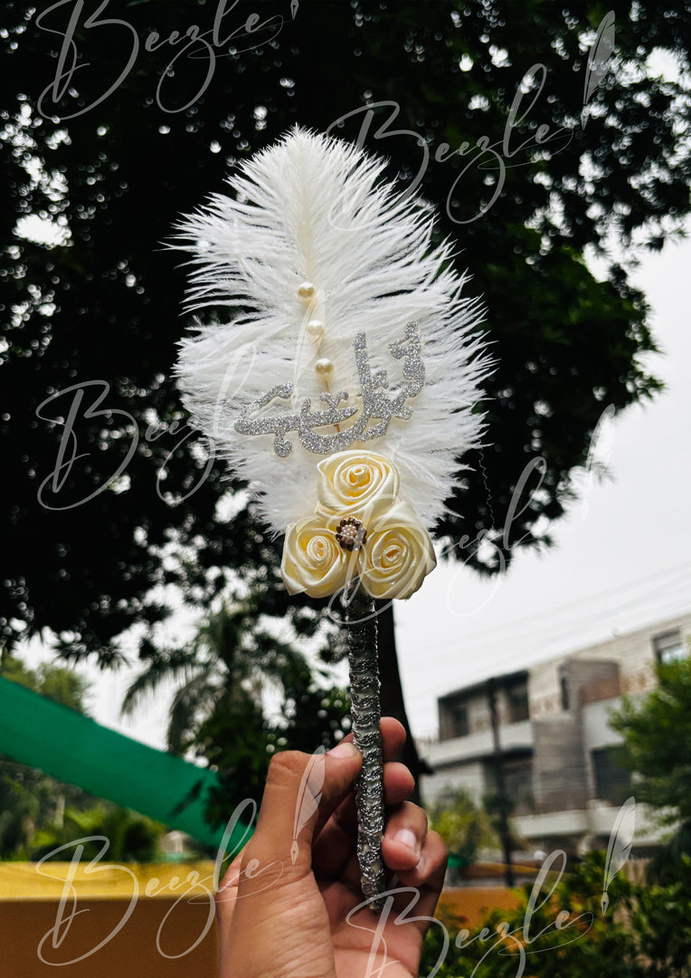 The Silver Customized Nikkah Pen with Feather & Three Flowers | PEN-60