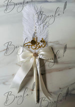 Load image into Gallery viewer, The Beautiful Golden Qubool Hai Nikkah Pen With Silk Bow &amp; Feather | PEN-56
