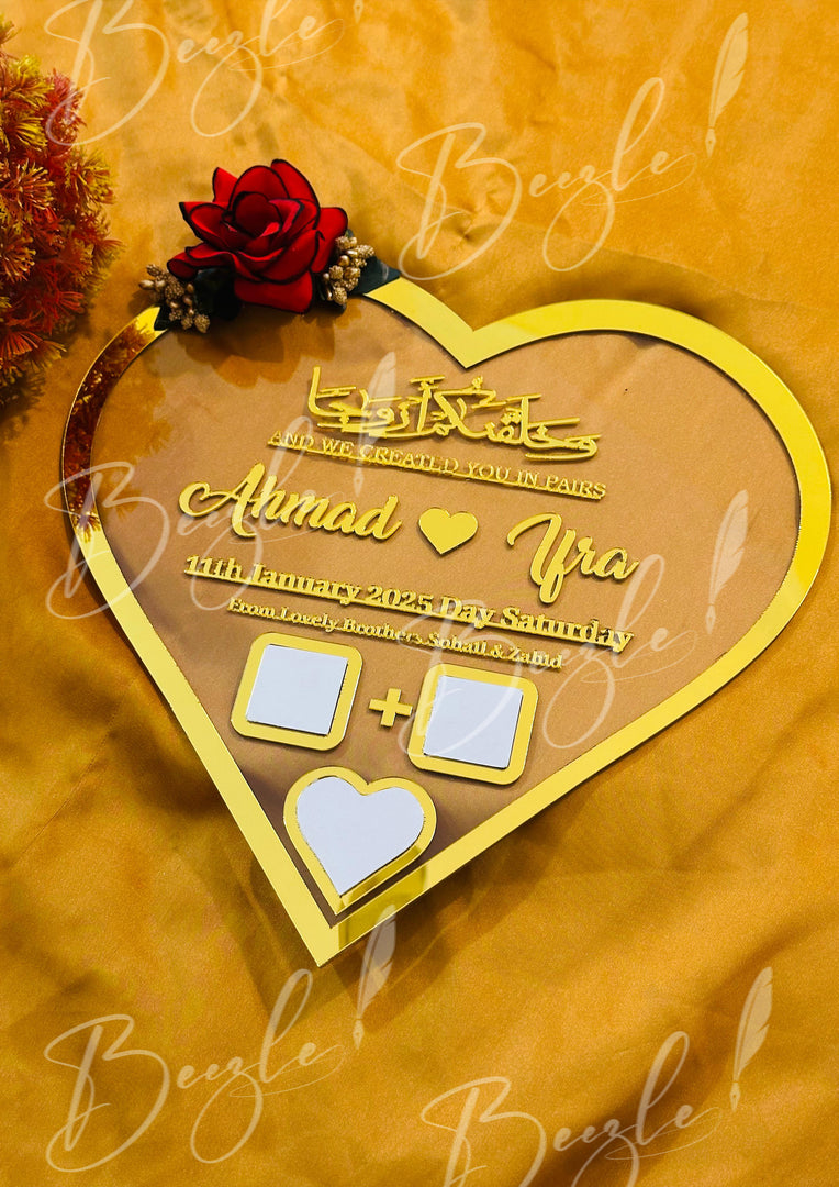 The Nikah Acrylic Thumb Board Heart Shape With Golden Name & Red Flower | NAF-012