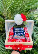 Load image into Gallery viewer, Chocolate Gift Tray – Red Bow &amp; Floral Mesh Wrap | GB-184
