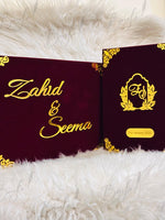 Load image into Gallery viewer, Luxurious Maroon Nikah Booklet Box with Golden Customized Details | BOX-013
