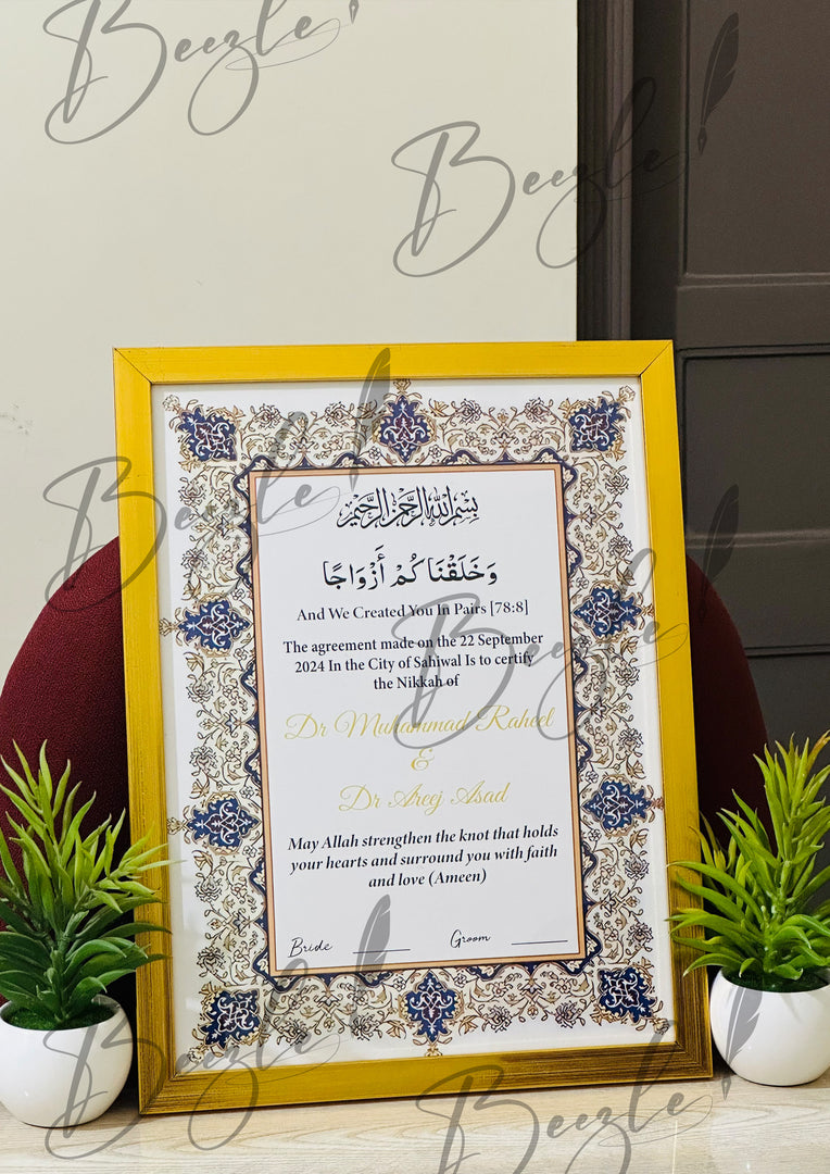 Premium Nikah Certificate With Customized Name & Blue Attractive Print | NC-002