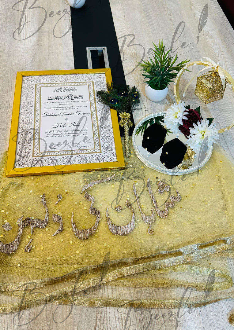 Exclusive Deal: Luxury Nikah Certificate, Elegant Nikkah Tray, and Golden Nikkah Dupatta | DEL-050