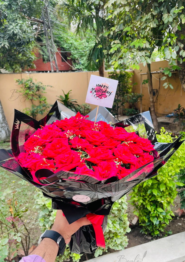 Black Wrapped Red Rose Bouquet with Red Ribbon | BCG-157