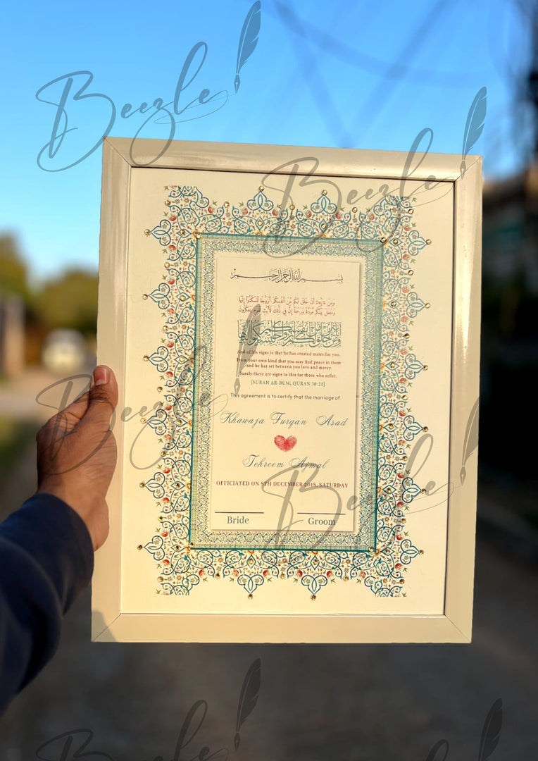 Luxury Blue & Clay Ash Nikah Certificate with Stone Decoration | SNC-006