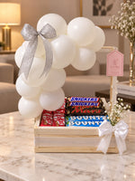 Load image into Gallery viewer, Sweet Elegance chocolate gift box with white balloons and ribbons