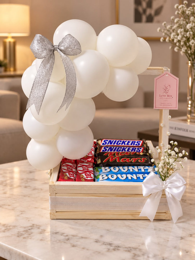 Sweet Elegance chocolate gift box with white balloons and ribbons