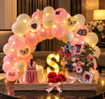 Load image into Gallery viewer, Butterfly Blush Celebration with pastel balloon arch, birthday cake, flower bouquet and chocolate gift arrangement