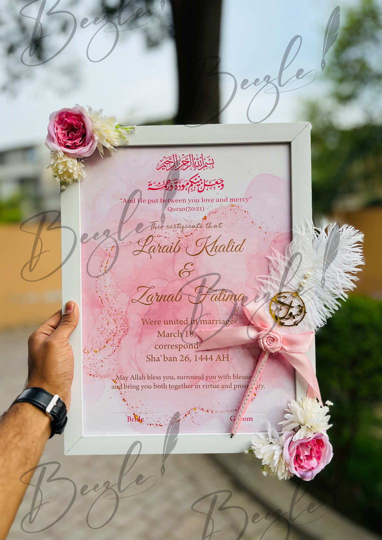 Nikah Certificate With Pink Flower and Qubool Hai Nikah Pen | DEL-020