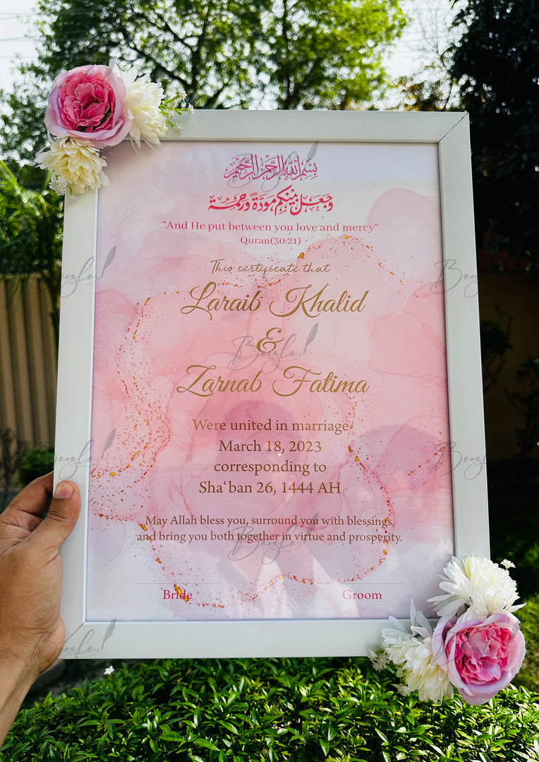Customized Name Floral Nikah Certificate With Light Pink & Two Flowers Colour |  FNC-001