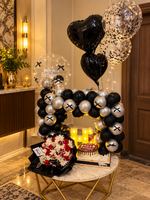 Load image into Gallery viewer, Midnight Elegance birthday surprise with black and silver balloons, red flowers and birthday cake