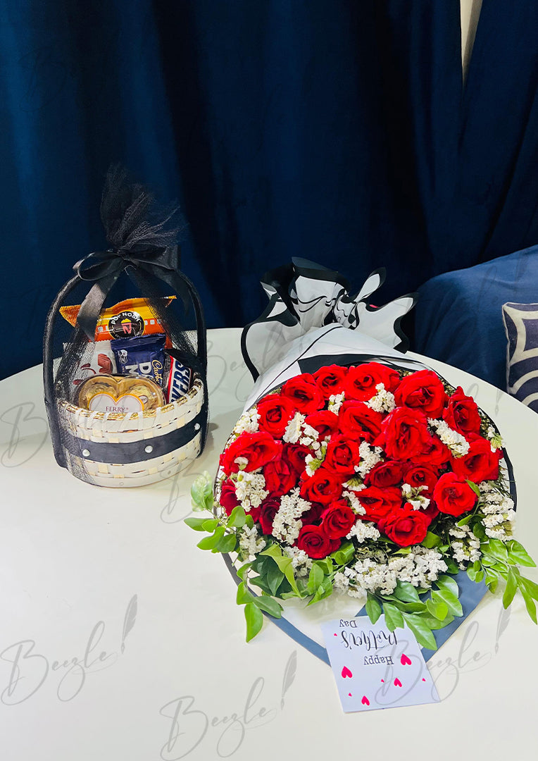 Rose Bouquet & Black Gift Basket | GDEL-051
