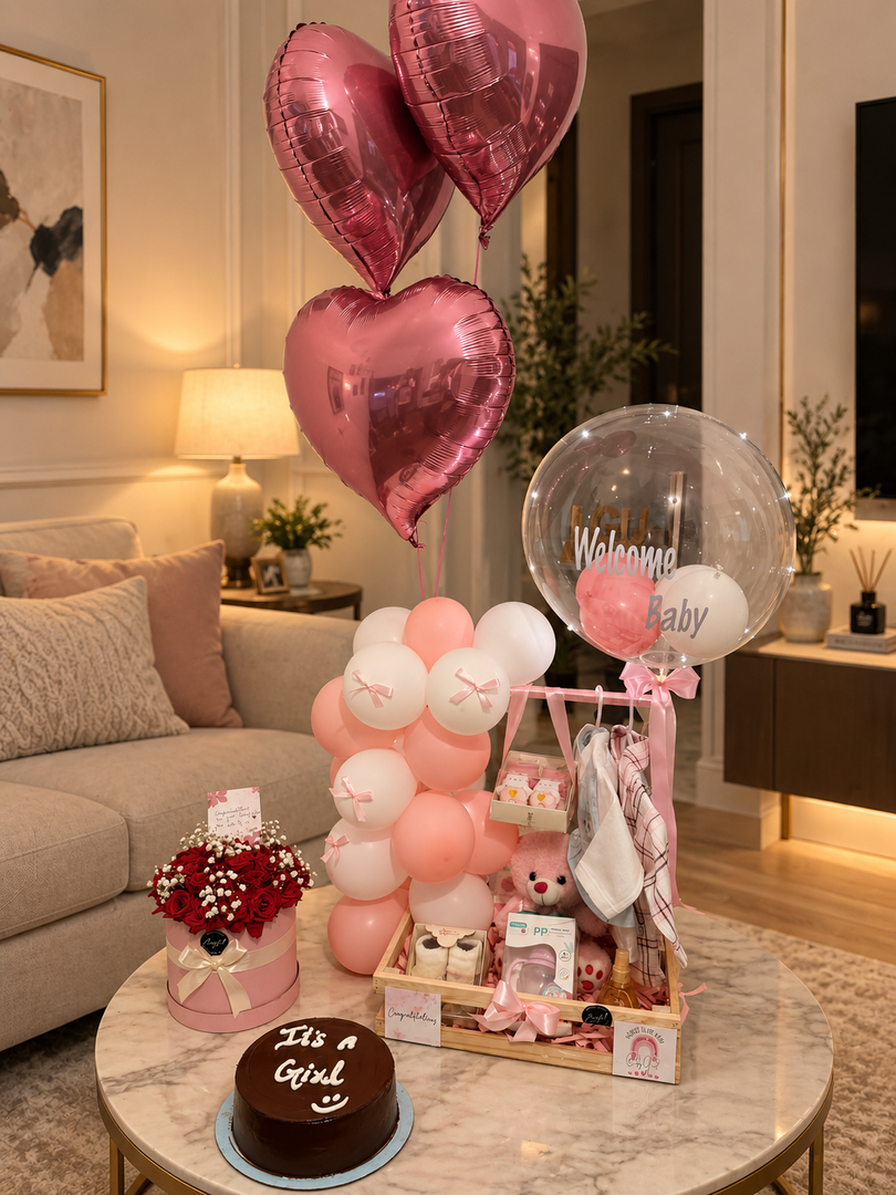 Blush baby girl welcome gift with pink balloons, baby hamper, red roses and teddy bear