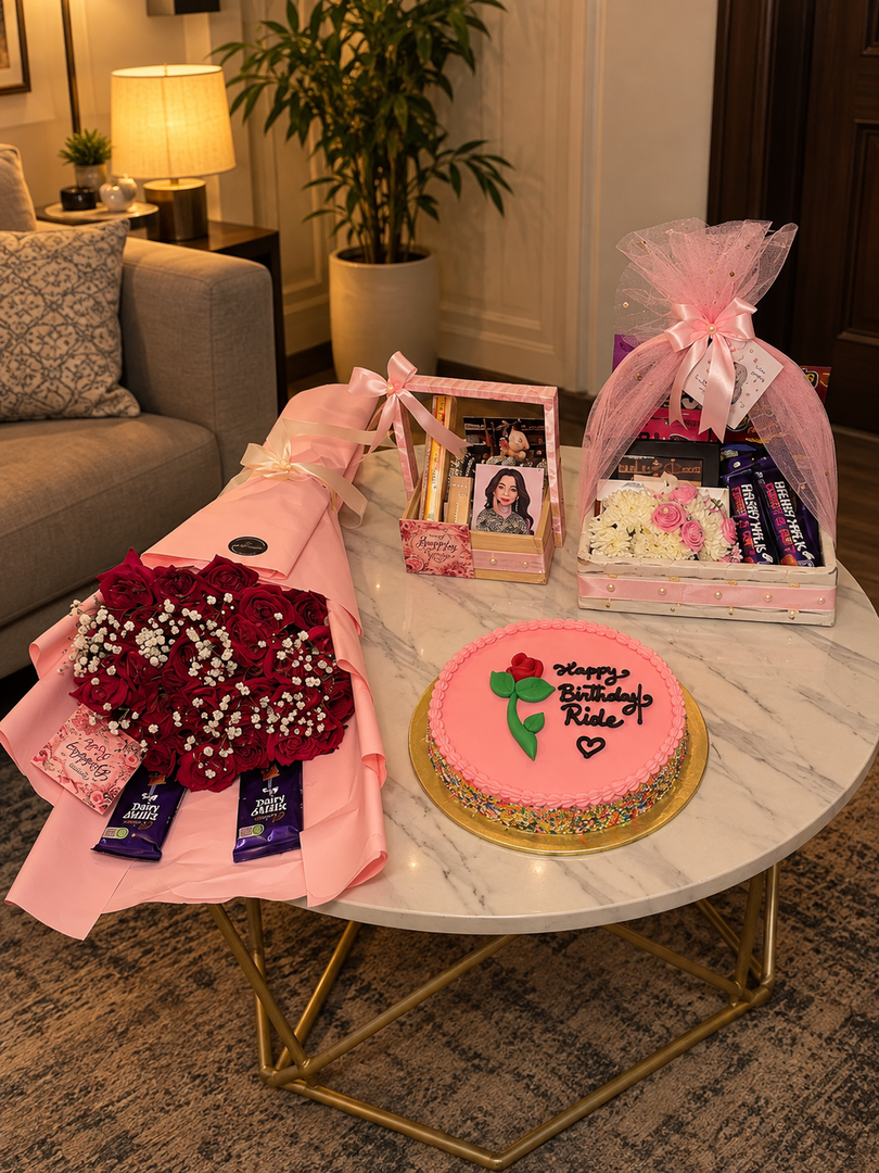 Forever Love Hamper includes red roses, cake, chocolates, and luxury gifts, perfect for romantic celebrations, birthdays, and special moments.