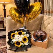 Sunflower and white flower bouquet with personalized chocolate birthday cake and gold balloons