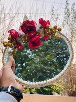 Load image into Gallery viewer, Decorative Nikah Tray with Red Flowers, Golden Beads, and Pearl Border | NT-025
