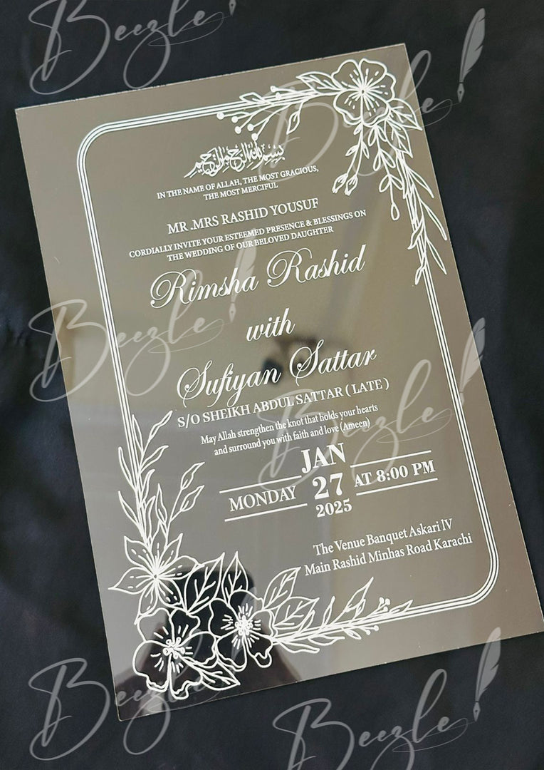 Customized Nikah Acrylic Invitation Card with White Printed Qurani Ayat | NAF-021