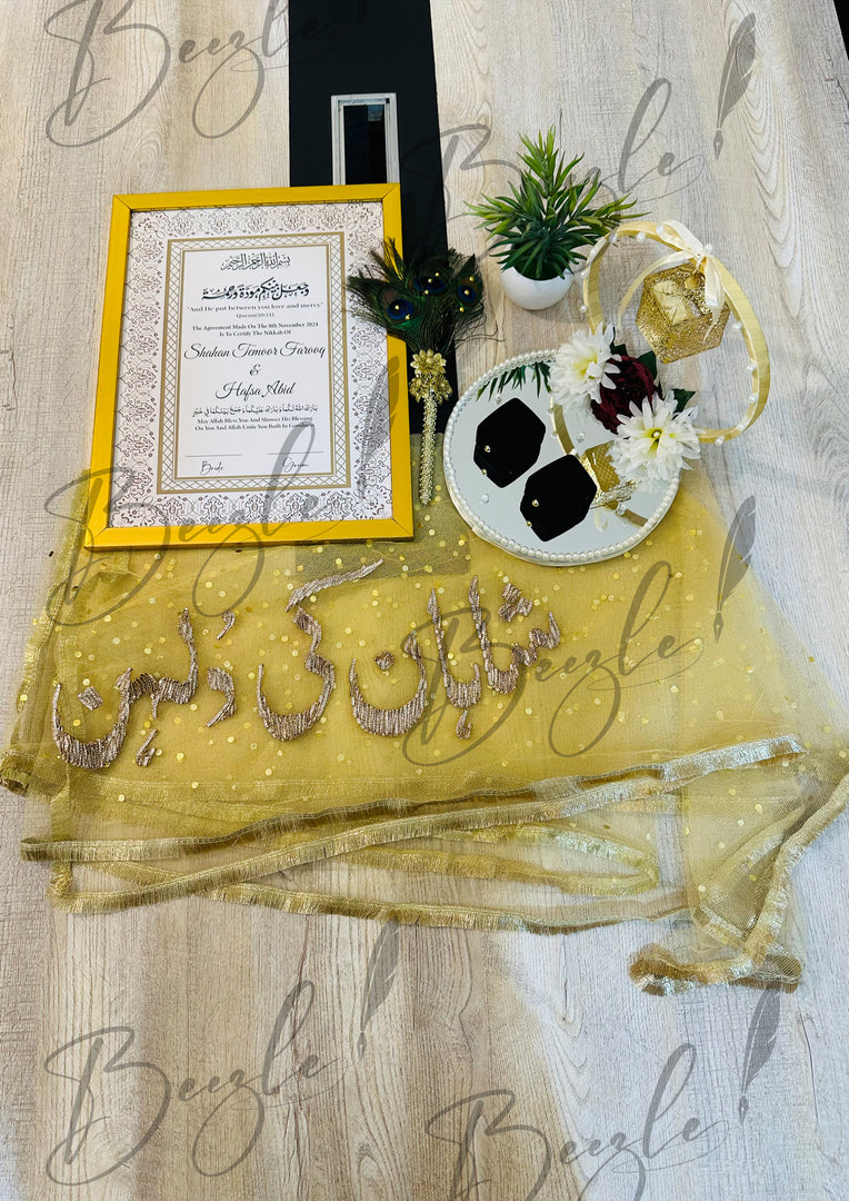 Exclusive Deal: Luxury Nikah Certificate, Elegant Nikkah Tray, and Golden Nikkah Dupatta | DEL-050