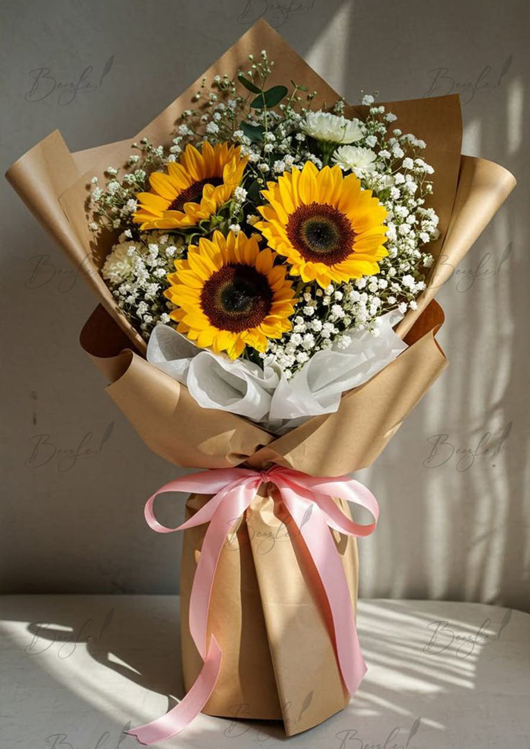 Sunflower Bouquet with Baby’s Breath & Kraft Wrap | BCG-166
