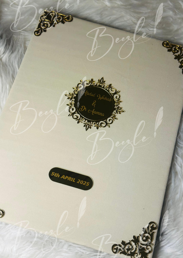 Beautiful Personalized White Nikah Booklet Box with Golden Details | BOX-011