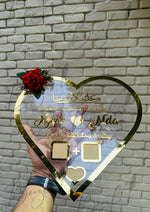 Load image into Gallery viewer, The Nikah Acrylic Thumb Board Heart Shape With Golden Name &amp; Red Flower | NAF-012
