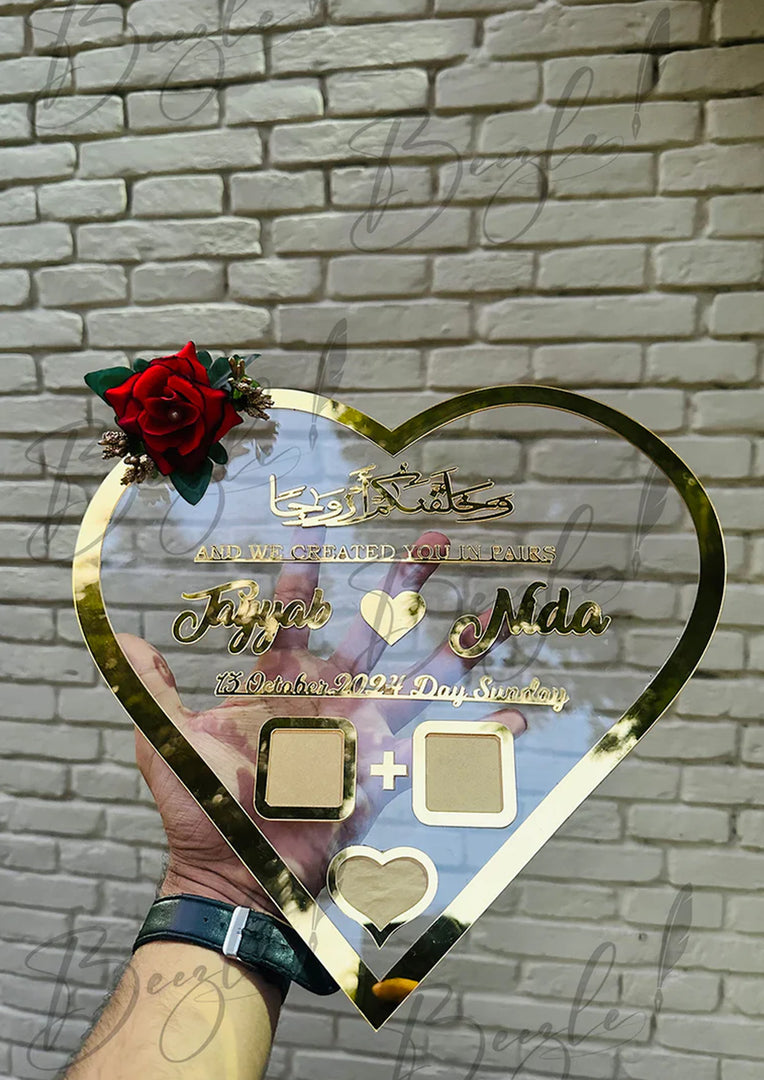 The Nikah Acrylic Thumb Board Heart Shape With Golden Name & Red Flower | NAF-012