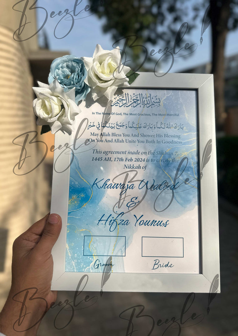 Floral Nikah Certificate With Blue & White Print and Three Flowers | FNC-010