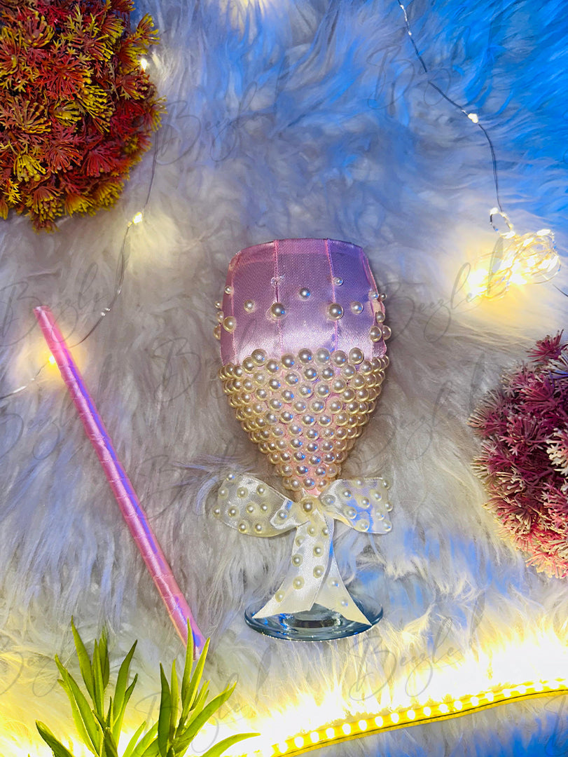 Luxurious Doodh Pilai Glass Decorated With Pink Ribbon and Pearls | DPG-010