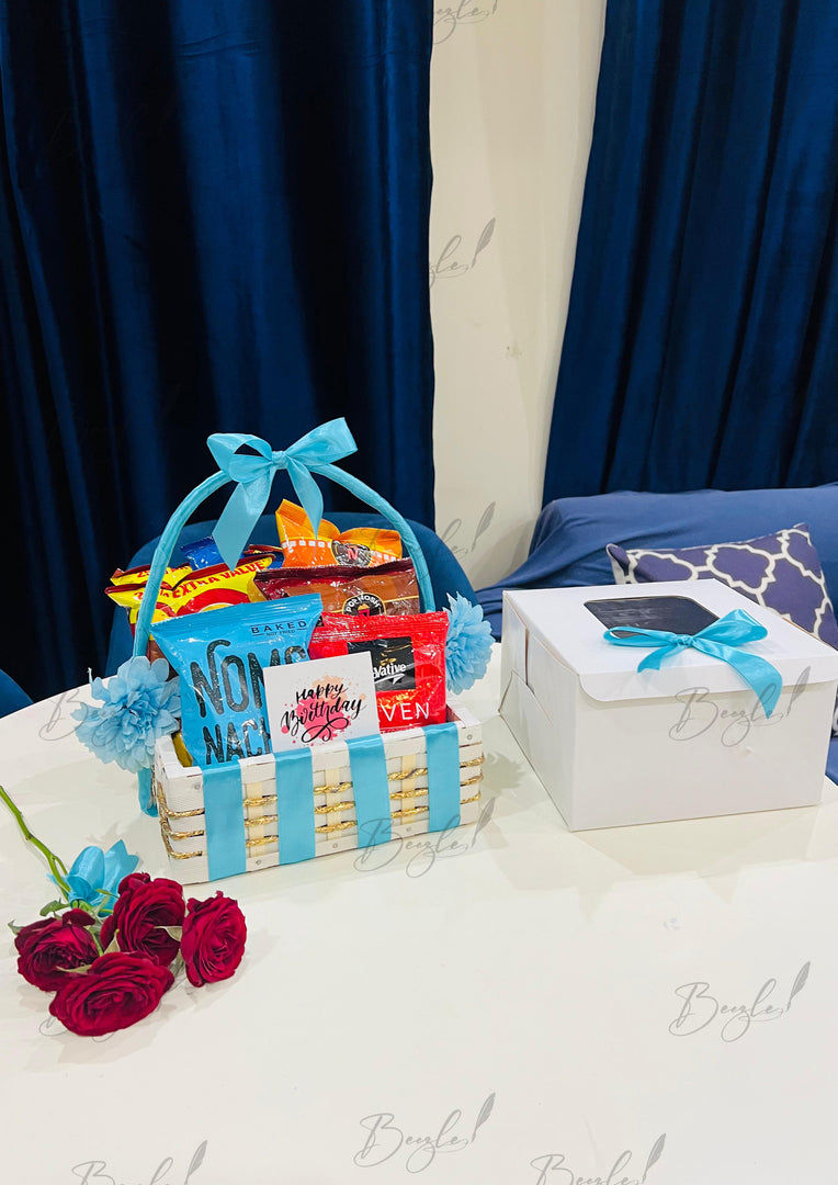 Blue Gift Basket with Snack Hamper & Roses | GDEL-121