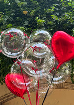 Load image into Gallery viewer, Red Ribbon Clear Balloons with Heart Foils | BLO-003
