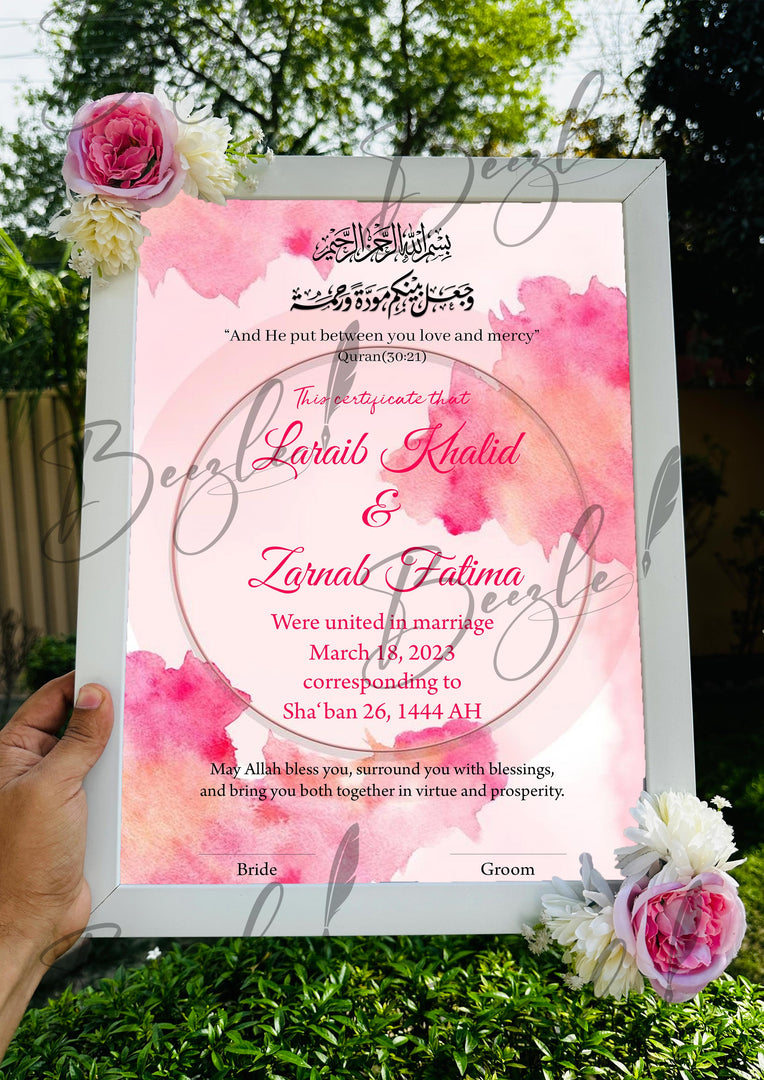 Customized Floral Nikah Certificate With Classic Print & Three Flowers | FNC-005