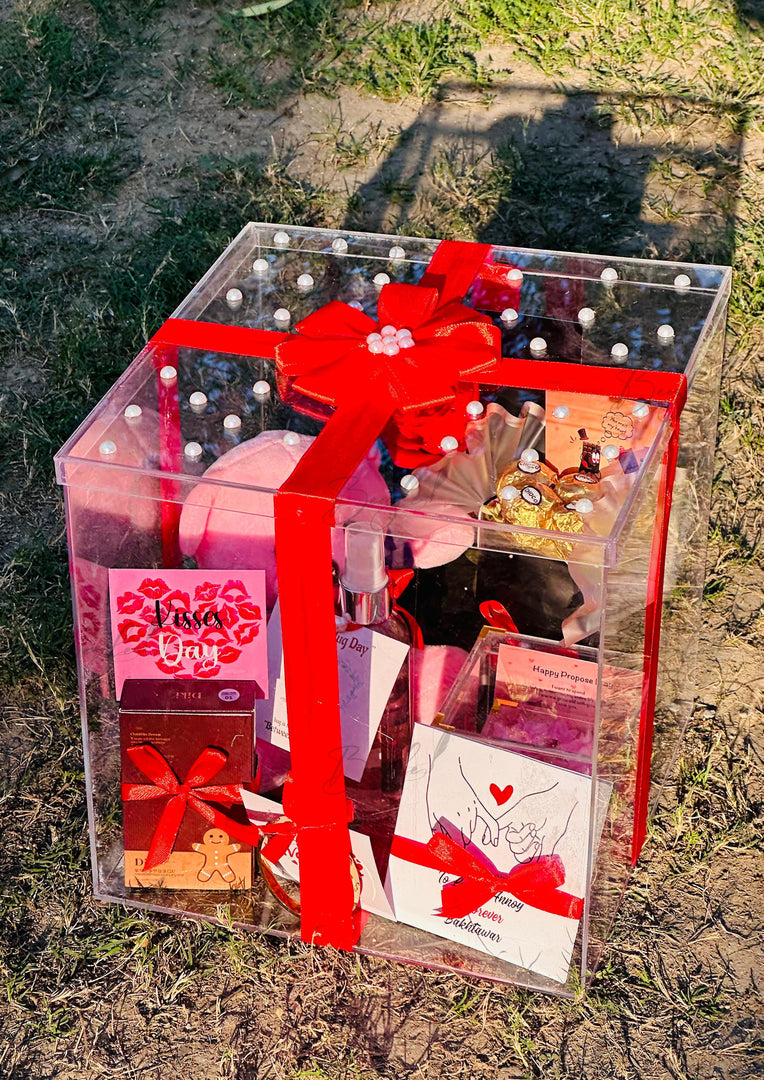 Luxury Acrylic Gift Box with a Red Ribbon & Pearl Elegance | GBO-030