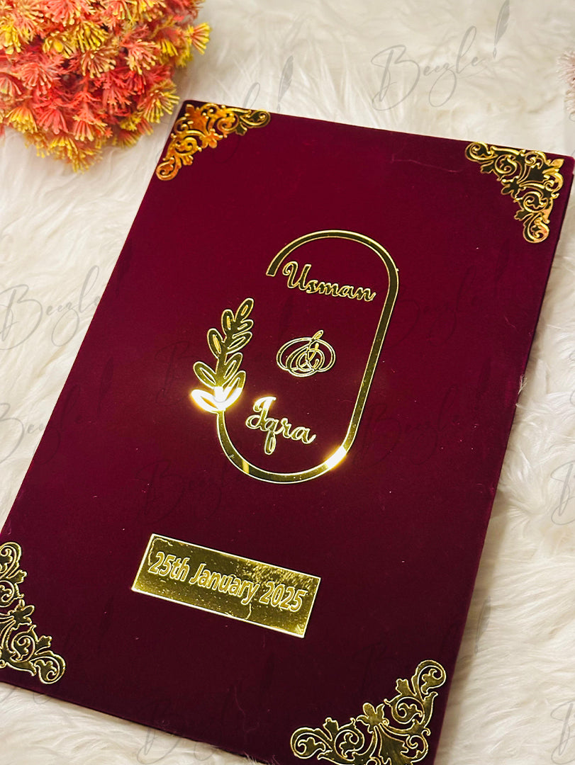 The Maroon Nikah Booklet With Customized Golden Name & Design | NB-042