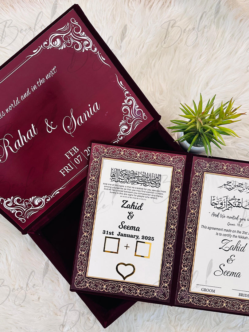 Luxurious Maroon Nikah Booklet Box with Golden Customized Details | BOX-013