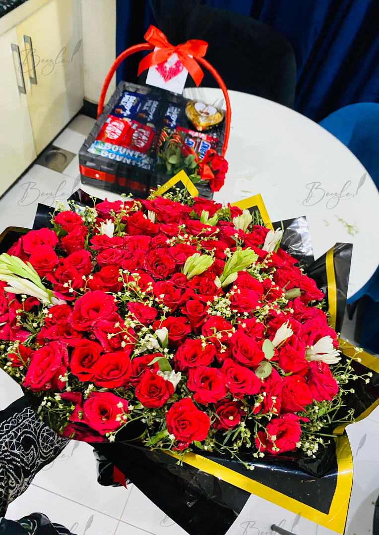 Chocolate Basket and Red Rose Bouquet Gift | GDEL-104