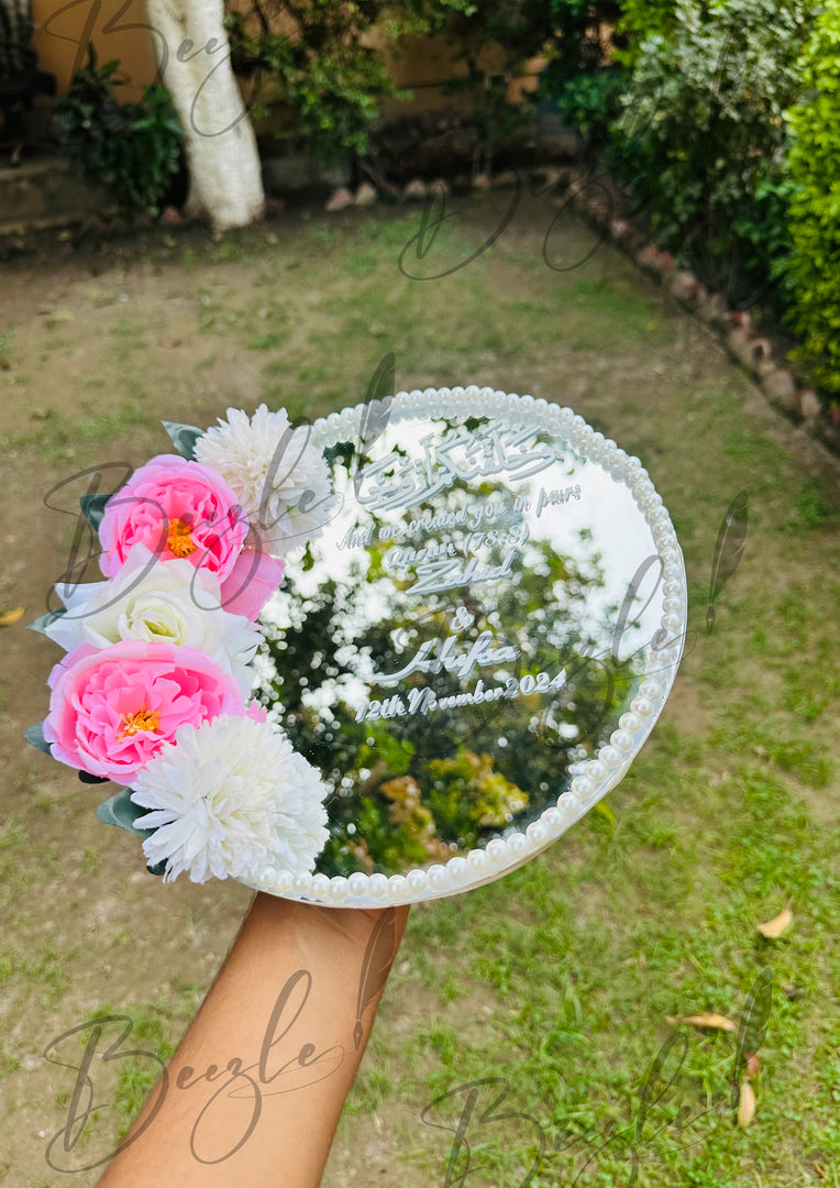 The Beautiful Nikkah Tray Decorated With Two White & Pink Flowers & Pearl | NT-012