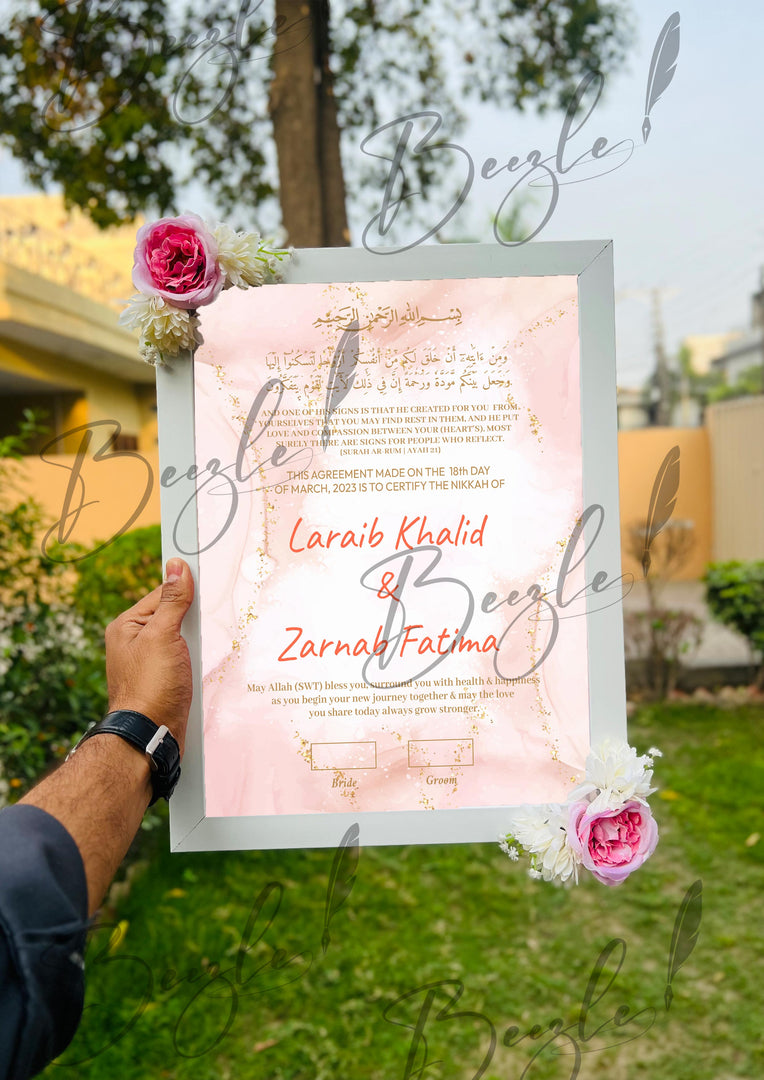 Customized Floral Nikah Certificate With Name & Beautiful Two Pink Flowers | FNC-002