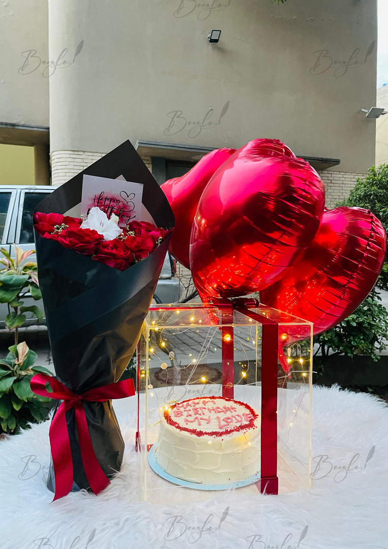 Luxury Cake Acrylic Box with Rose Bouquet & Balloons | GDEL-006