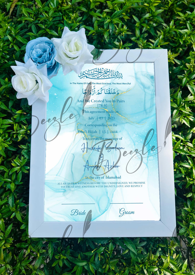 Floral Nikah Certificate With One Blue & Two White Flowers | FNC-008