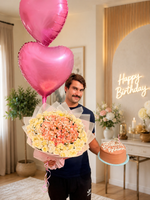 Load image into Gallery viewer, Pastel flower bouquet with birthday cake and pink heart balloons